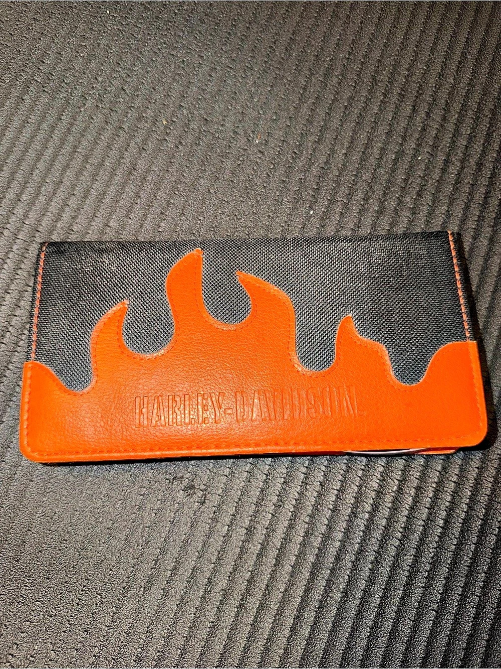 Vintage Harley-Davidson Orange Flame Leather Black Canvas Checkbook Cover Wallet